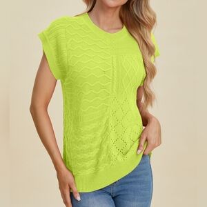 Double Take Full Size Cable-Knit Round Neck Lime Green Knit Women's Top